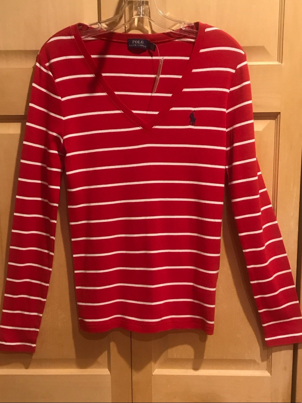 New Polo by Ralph Lauren Red and White Striped V-Neck Top